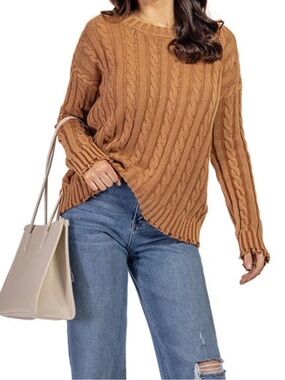 NWT Heyson’s Women's Cable Knit Crewneck Sweater in Cognac size small